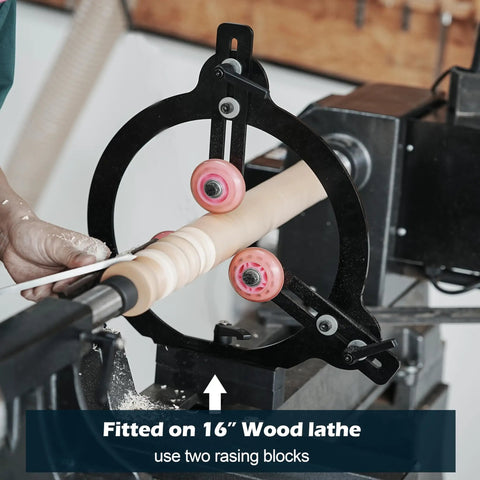 Woodturning Steady Rest For Twelve Inch, Fourteen Inch, And Sixteen Inch Swing Lathe in use on 16 inch lathe with raising blocks