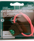 Front view of High Durability Inline Fuse Holder With 30 Amp Fuse And Carded ACS ATO Style For Auto And DIY Builds Includes Two 4 Inch Leads Of 16 Gauge Black Wire Made Easy.