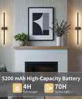 ONEWISH Battery Operated Wall Sconces Set of 2, 27.75" wall lights installed beside a modern fireplace with artwork.