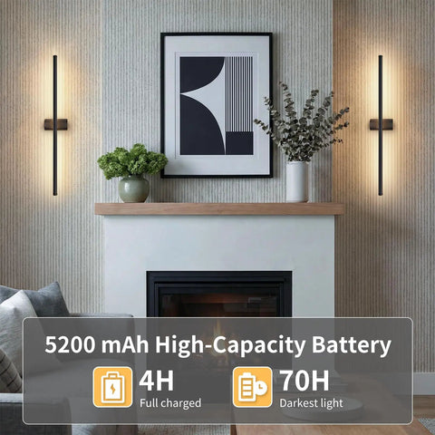 ONEWISH Battery Operated Wall Sconces Set of 2, 27.75" wall lights installed beside a modern fireplace with artwork.