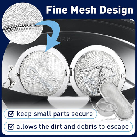 Premium Stainless Steel Ultrasonic Cleaner Basket With Secure Locks Hella Tough For Jewelry Gear And Watch Parts Easy Cleanup Setup Fits Every Machine showing fine mesh design and secured jewelry.