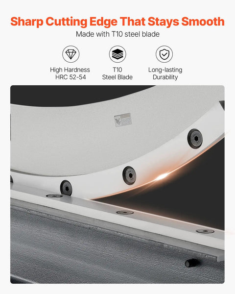 Close-up of the blade of the 20 Inch Guillotine Shear Benchtop Cutter Manual Plate Shear For Metal Sheet Processing Pro Grade Heavy Duty Stand Included For Aluminum Steel Copper Plastic And PCB Boards.