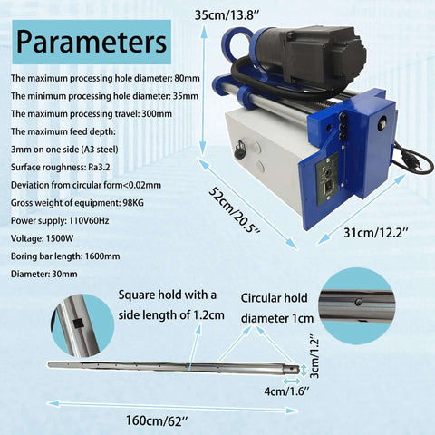 Side view of HayWHNKN portable precision boring machine with a blue base and 160 cm drilling bar
