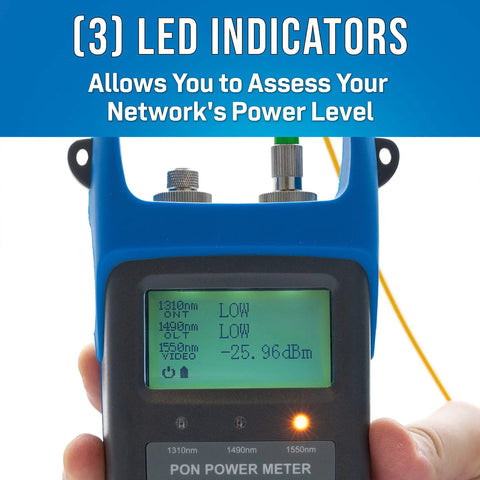 Pro Grade PON Power Meter For FTTx Networking With Concurrent 1310 1490 1550 Nm Readouts, LED display showing readings