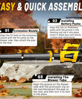 Beast Cordless Leaf Blower Tool Only assembly guide on rock with steps for extension nozzle and battery installation.