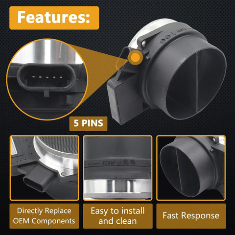Mass Air Flow Sensor MAF For GM Trucks And SUVs Fits Buick Rainier 5.3L Cadillac Eldorado 4.6L with 5-pin connector and features.