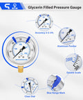 Glycerin Filled 2.5 Inch Pressure Gauge 0 to 300 Psi and 0 to 2000 kPa 304 Stainless Steel Case with blue markings