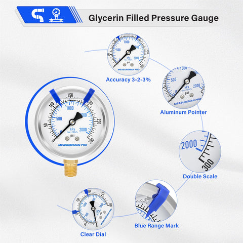 Glycerin Filled 2.5 Inch Pressure Gauge 0 to 300 Psi and 0 to 2000 kPa 304 Stainless Steel Case with blue markings