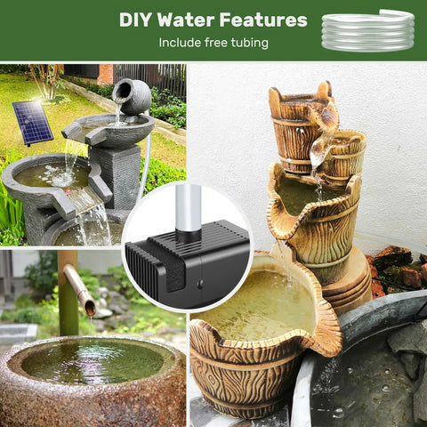 8W Solar Fountain Pump with 3600mAh Backup Battery for Bird Bath and Small Pond, shown with dual layer nozzles and DIY waterfall kit
