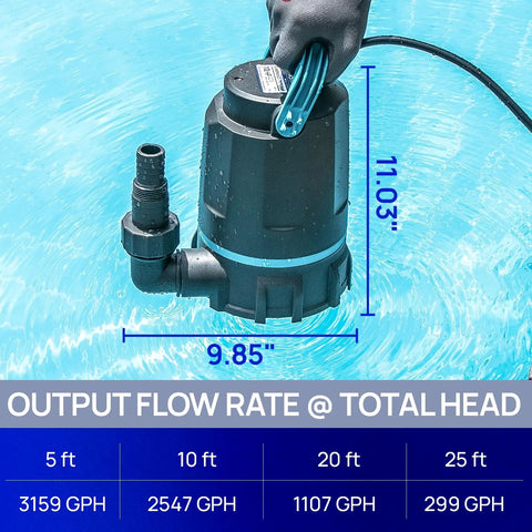 Heavy Duty 1/2 Hp Submersible Sump Pump Running Smooth As Silk Delivers Serious High Flow Drainage Moving Up To 3159 Gallons Per Hour To Conquer 26 Feet Vertical Lift in water with size dimensions.