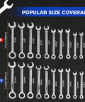 Compact 20-Piece Wrench Set With Metric And SAE Sizes Open End And Box End displaying all sizes on black background