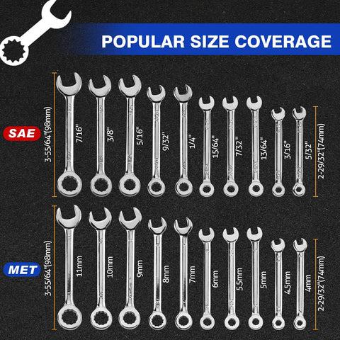 Compact 20-Piece Wrench Set With Metric And SAE Sizes Open End And Box End displaying all sizes on black background