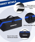 Heavy Duty 10 Inch Tool Bag With Zipper Wide Mouth Pouch All Purpose Organizer Tote 3 Pack Built Tough From 1680D Oxford Cloth With Dual Zippers For Tools And Parts, showing workpro brand, side view with blue zippers and handle.