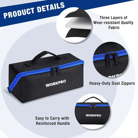 Heavy Duty 10 Inch Tool Bag With Zipper Wide Mouth Pouch All Purpose Organizer Tote 3 Pack Built Tough From 1680D Oxford Cloth With Dual Zippers For Tools And Parts, showing workpro brand, side view with blue zippers and handle.