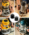 Heavy Duty Router Collet Set Packing 1/2 And 1/4 Inch Bushings in use with various routers, showcasing locking grip and precision.