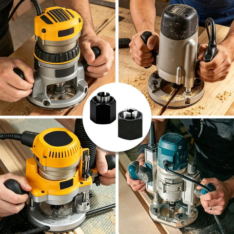 Heavy Duty Router Collet Set Packing 1/2 And 1/4 Inch Bushings in use with various routers, showcasing locking grip and precision.