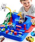 Child playing with Epic Kids Car Race Track Set For Ages Three And Up With City Course Three Small Cars And Helicopter