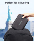 Hand holding The Ultimate Go To Tech Organizer Travel Case For Portable Electronics And Daily Cord Management Featuring A Smooth Leather Handle Compact Fit that fits in a backpack.