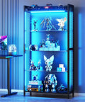 Four Tier Freestanding Glass Display Cabinet With Smart RGB LED Lighting And Handy App Control Featuring Dynamic Color Changing Effects And Music Sync Vibe To Flaunt Your Prized Collection With That Swoon Worthy Flex showcasing collectibles and toys in blue lighting.