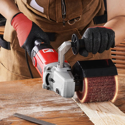 Person using Beast 1200W Burnishing Polishing Tool With Six Speed Settings Handheld Metal Buffing Machine For Stainless Steel And Nonferrous Metals Includes Four Fiber Polishing Wheels For Surface Conditioning on wood surface.