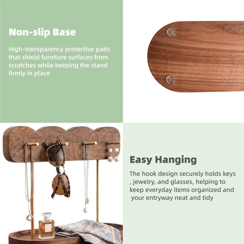 Lux Walnut Wave Entryway Organizer with non-slip base and four gold hooks for keys and jewelry, minimalist decor for an entry table.