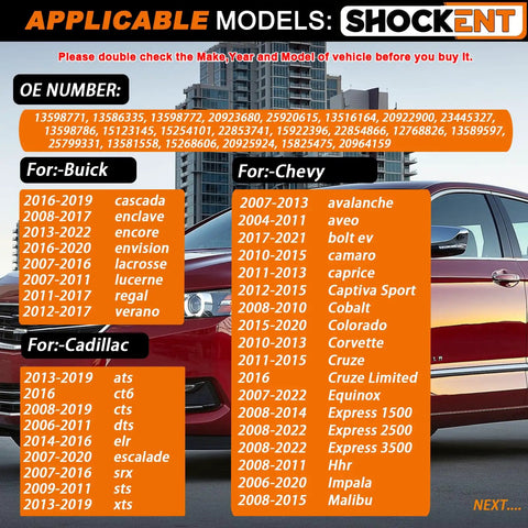 Applicable models chart for Shockent products, listing Buick, Chevy, and Cadillac vehicles from 2004 to 2022.