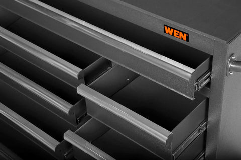 Close-up of 42 Inch Premium Rolling Tool Cabinet With Eight Lockable Soft Close Drawers, Heavy Duty 21 Gauge Powder Coated Steel Construction