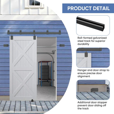 Five Foot Exterior Sliding Barn Door Hardware Kit Built Tough Heavy Duty Track System For Indoor And Outdoor Doors Wall Mount Black Galvanized Steel With Weatherproof Floor Guide shown installed on blue siding with white door