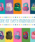 Stephen Joseph kids rolling luggage suitcase with wheels; collage of bright designs in multiple colors.