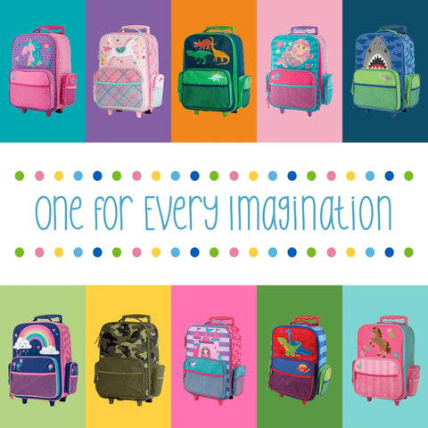 Stephen Joseph kids rolling luggage suitcase with wheels; collage of bright designs in multiple colors.