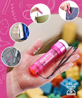 Pink Mini LED Flashlight With 3 Modes High Low Strobe Includes 3 AAA Batteries Water Resistant Pocket Size Flashlight shown with measurements and portability options.