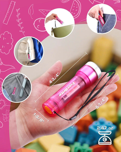 Pink Mini LED Flashlight With 3 Modes High Low Strobe Includes 3 AAA Batteries Water Resistant Pocket Size Flashlight shown with measurements and portability options.