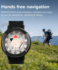 All Weather Wrist Compass With Velcro Strap For Easy Navigation from City Streets to Backcountry, displayed with hiking scene.