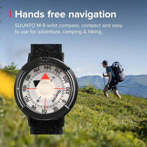 All Weather Wrist Compass With Velcro Strap For Easy Navigation from City Streets to Backcountry, displayed with hiking scene.