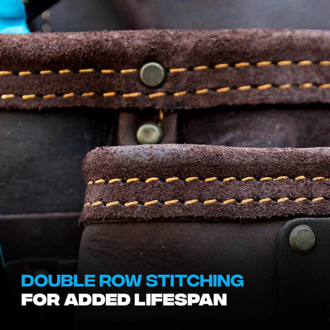 Close-up of double stitching on Oil Tanned Leather Tool Pouch With Ten Pockets And Hammer Holder For Carpenters