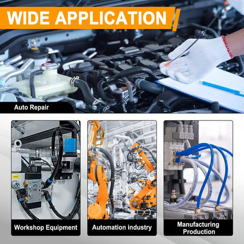 120 Piece Quick Connect Air Hose Fittings Kit applications in auto repair, workshop equipment, automation industry, manufacturing production.