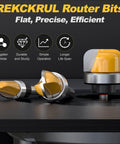 REKCKRUL Router Bits featuring premium tungsten carbide, designed for precision woodworking with a shiny yellow finish.