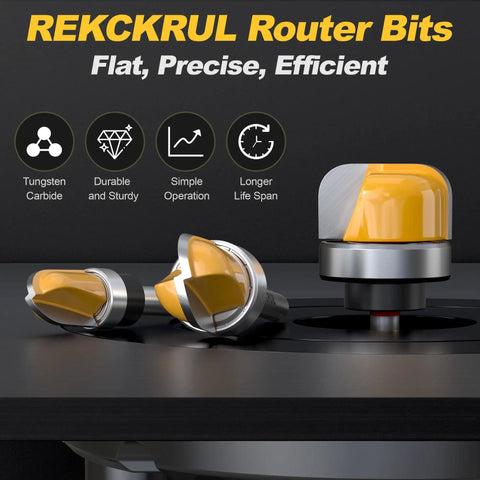 REKCKRUL Router Bits featuring premium tungsten carbide, designed for precision woodworking with a shiny yellow finish.