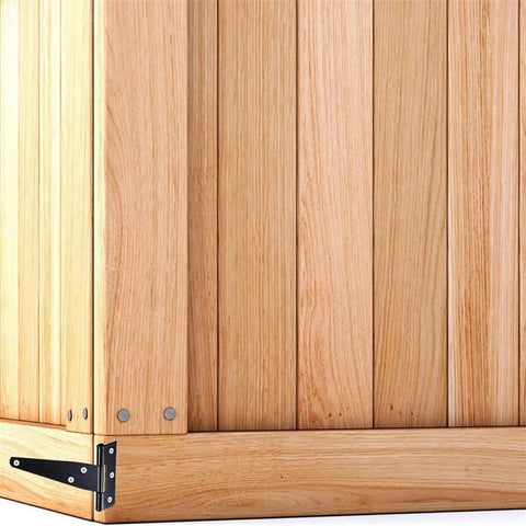 Wooden panel corner with Six Piece 4 Inch T Hinge Set For Doors And Gates, Rust Proof Black Hardware, visible on bottom