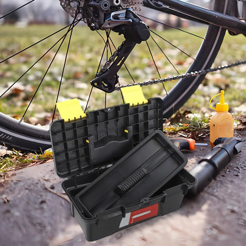 10 Inch Plastic Toolbox With Dual Layer Organization And Secure Latch Portable Hardware Storage Case open near bicycle tools