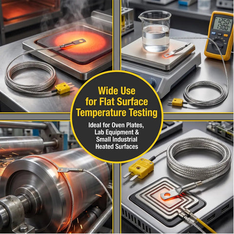 Heavy Duty K Type Surface Thermocouple Probe With M6 Bolt For Ev Battery Temp Reads And Thermal Safety Checks on heated surface.