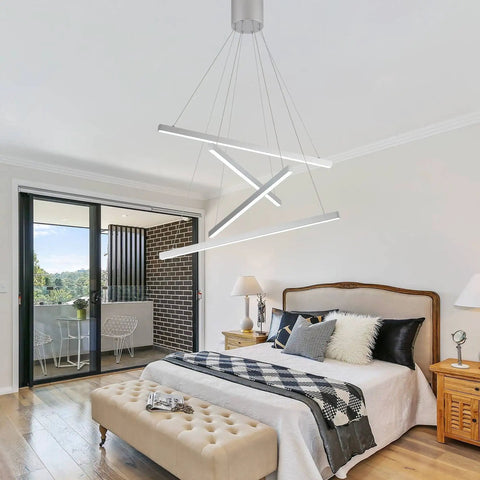 Modern LED Linear Pendant Chandelier With Dimmable Four Lights, Adjustable Wire Design for bedroom, featuring cool white 6000K lighting