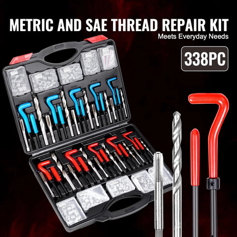 All In One Helicoil Thread Repair Kit With 338-Piece SAE HSS Drill Inserts Taps And Tools open case showing components