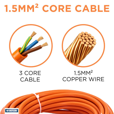 Hella Rugged 10 Meter Heavy Duty Extension Cord 16 Amp 230 Volt IP44 Weatherproof Industrial Power Lead showing 3 core 1.5mm² copper wire.