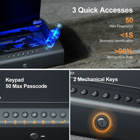 Biometric Gun Safe With Fingerprint Scanner And Raised Backlit Keypad Secures Two To Four Pistols showing keypad and access features.