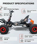 Side view of Gas Go Kart For Backyard Fun, Family Friendly Off Road Kart with specifications