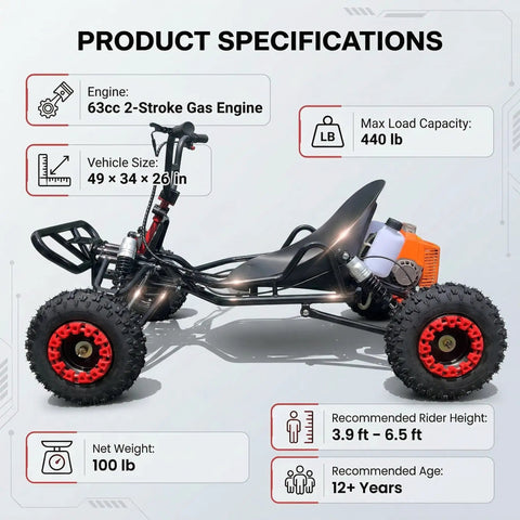 Gas Go Kart For Backyard Trails And Family Fun, EPA Compliant 63cc 2-Stroke Off Road Kart with specifications displayed