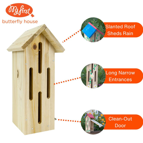 Butterfly House DIY Art And Craft Kit For Kids And Adults, Wooden Building Toy With Painting Projects, STEM Gift For Hands On Learning, Create A Colorful Butterfly Habitat And Decorate Together For The Whole Fam. unpainted wooden butterfly house with slanted roof and long narrow entrances