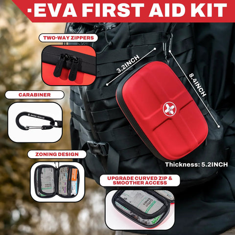 Rhino Rescue EVA First Aid Kit, small red waterproof case attached to a backpack with a carabiner.