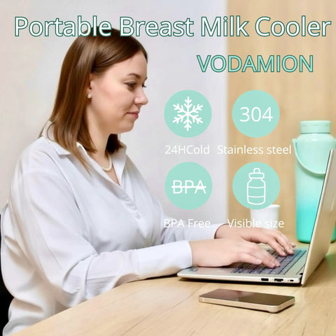 Portable 22oz Stainless Steel Breast Milk Cooler Bottle Keeps Pumped Stash Ice Cold For Up To Twenty Four Hours Goes Hard For Moms On The Go All Day Long with a woman working at a laptop.